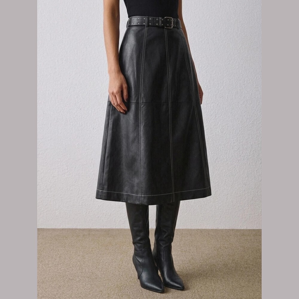 Black Faux Leather Contrast Stitch Belted A-Line Midi Skirt